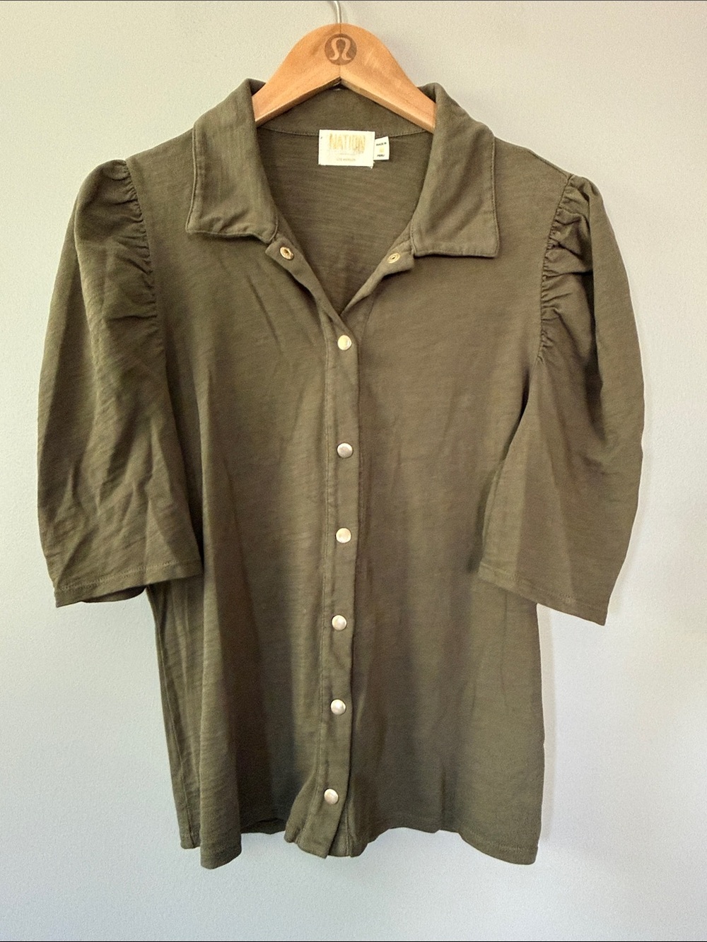 National LTD Olive Green Puff Sleeve Top Medium Ennis Feminine Workshirt
